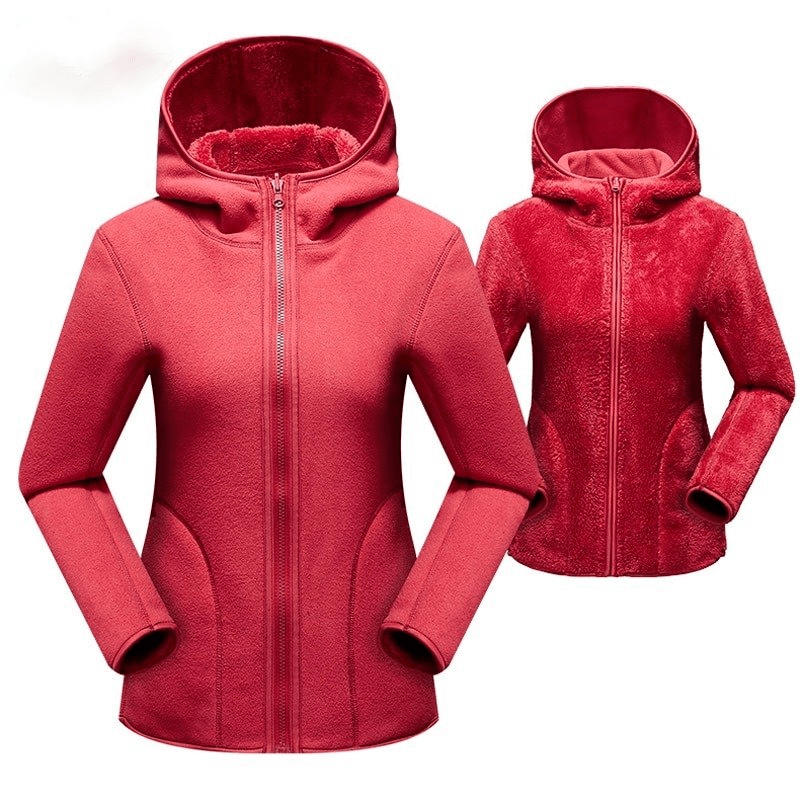 Women's reversible fleece jacket with hood, stylish zip pullover, polyester spandex blend in red, dual look fashion.